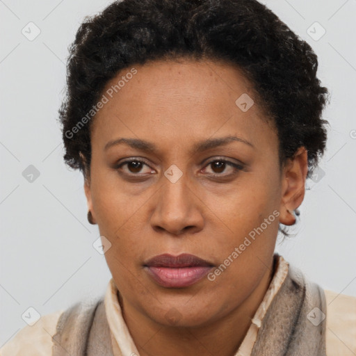 Neutral black adult female with short  brown hair and brown eyes