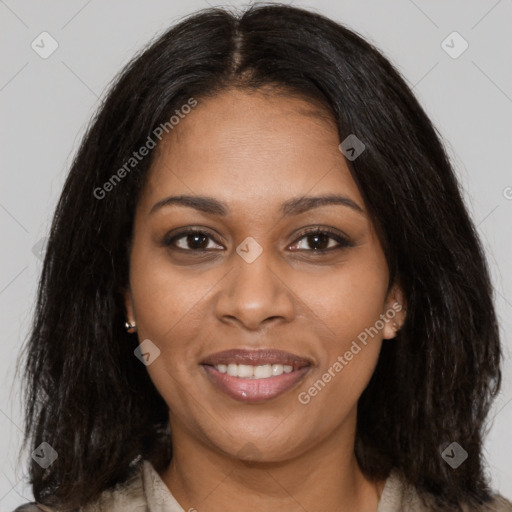 Joyful black young-adult female with medium  brown hair and brown eyes