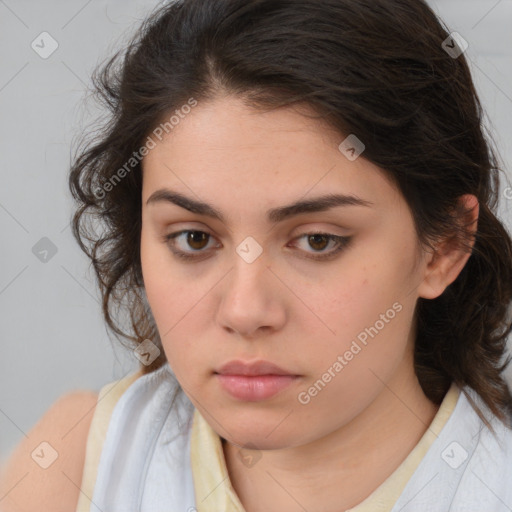 Neutral white young-adult female with medium  brown hair and brown eyes