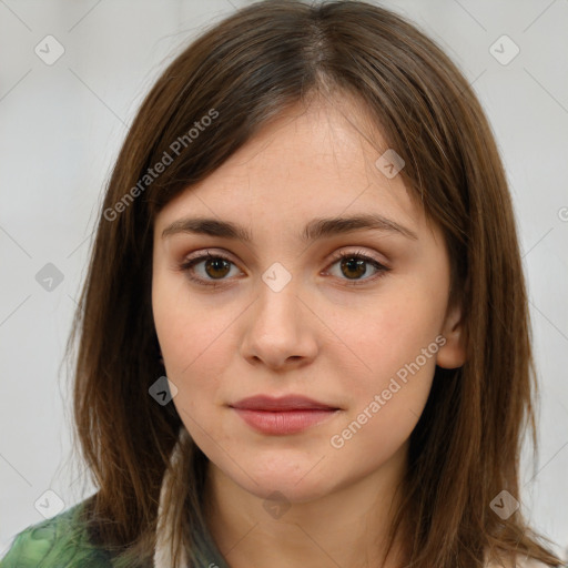 Neutral white young-adult female with long  brown hair and brown eyes