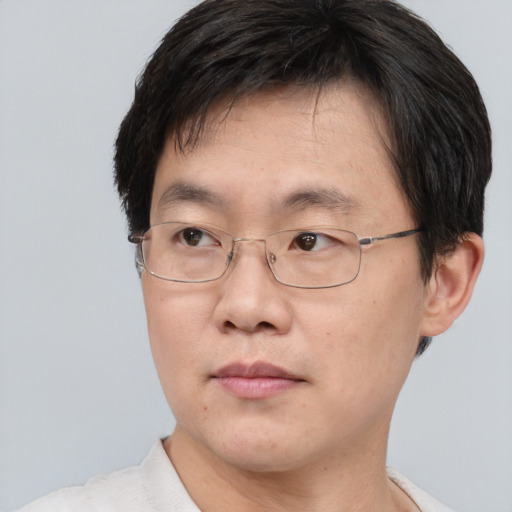 Joyful asian adult male with short  brown hair and brown eyes