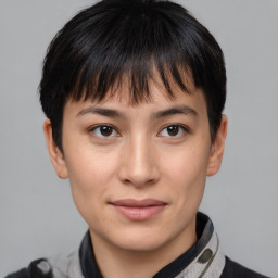 Joyful asian young-adult female with short  brown hair and brown eyes