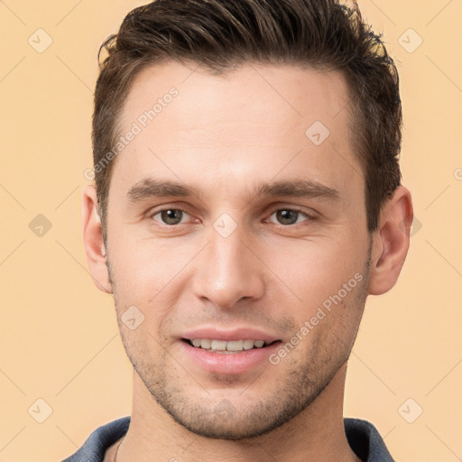 Joyful white young-adult male with short  brown hair and brown eyes