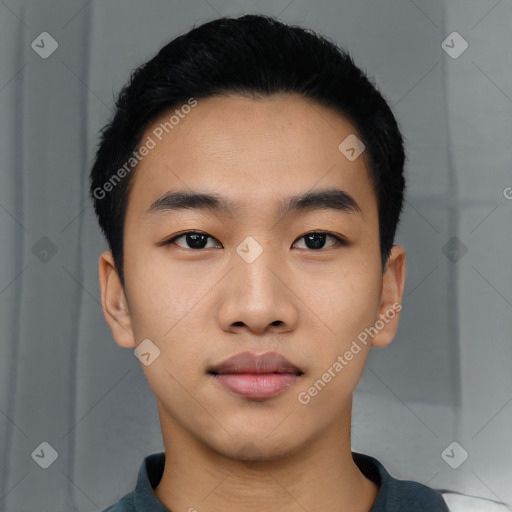 Neutral asian young-adult male with short  black hair and brown eyes