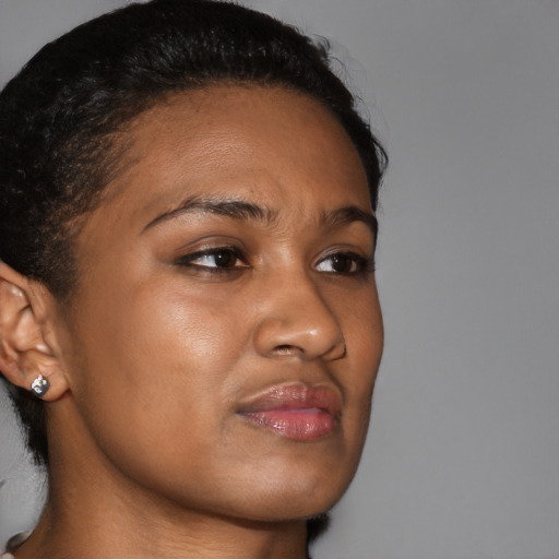 Joyful black young-adult female with medium  brown hair and brown eyes