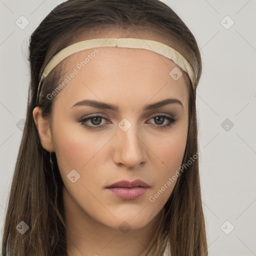 Neutral white young-adult female with long  brown hair and brown eyes