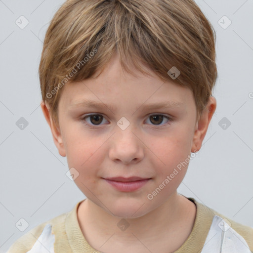 Joyful white child female with short  brown hair and grey eyes