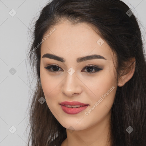 Joyful latino young-adult female with long  brown hair and brown eyes