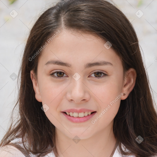 Joyful white child female with medium  brown hair and brown eyes