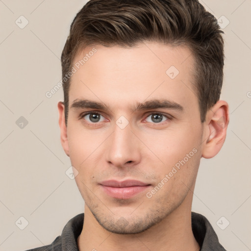 Neutral white young-adult male with short  brown hair and brown eyes