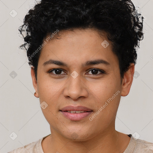 Joyful latino young-adult female with short  brown hair and brown eyes