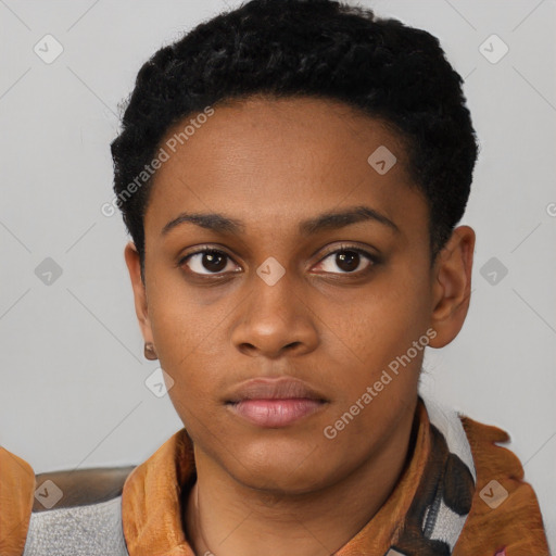 Neutral black young-adult female with short  black hair and brown eyes