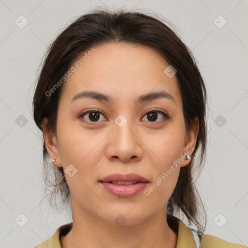 Joyful white young-adult female with medium  brown hair and brown eyes