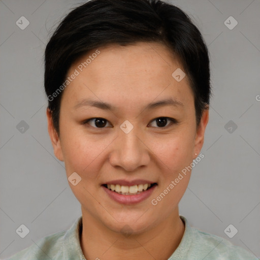 Joyful asian young-adult female with short  brown hair and brown eyes