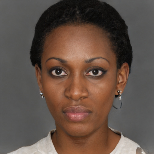Neutral black young-adult female with short  black hair and brown eyes