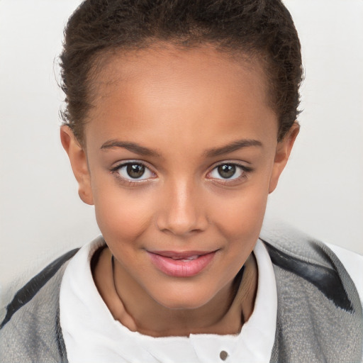 Joyful white child female with short  brown hair and brown eyes