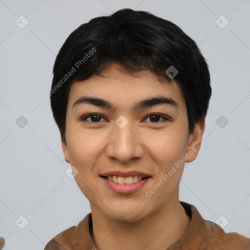 Joyful asian young-adult male with short  black hair and brown eyes