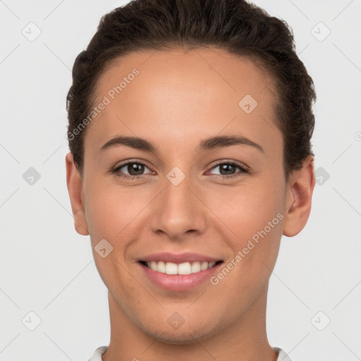 Joyful white young-adult female with short  brown hair and brown eyes