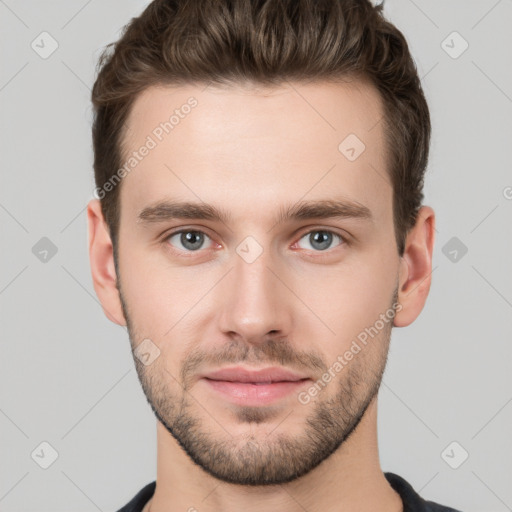 Neutral white young-adult male with short  brown hair and grey eyes