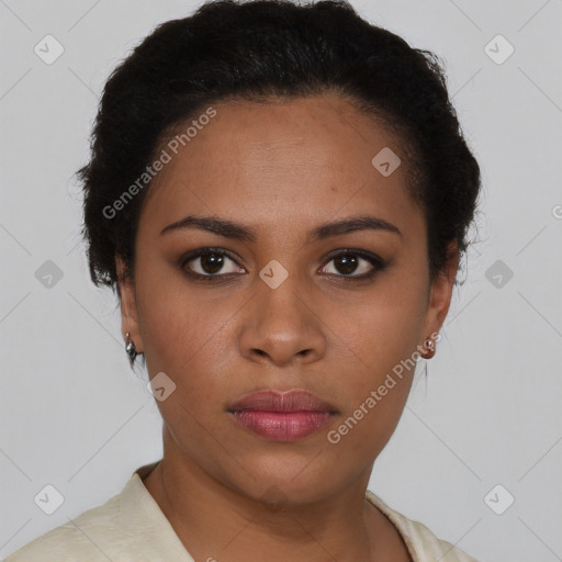 Neutral latino young-adult female with short  black hair and brown eyes