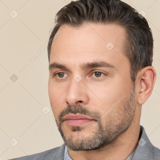 Neutral white adult male with short  brown hair and brown eyes