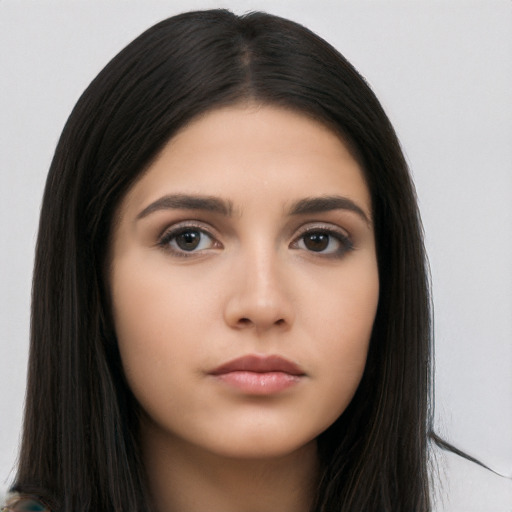 Neutral asian young-adult female with long  black hair and brown eyes