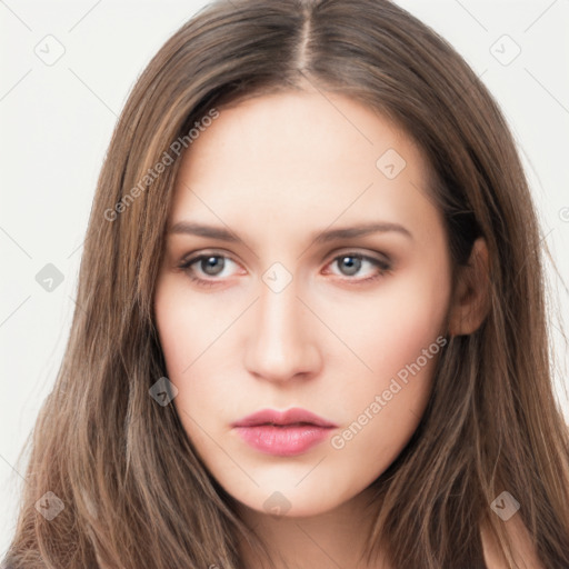 Neutral white young-adult female with long  brown hair and brown eyes