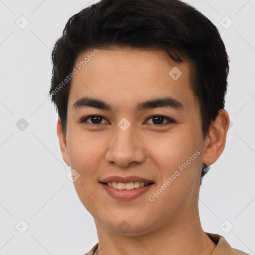 Joyful white young-adult male with short  black hair and brown eyes