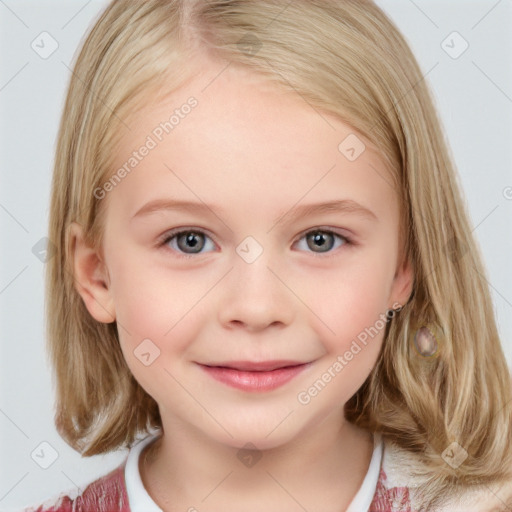 Joyful white child female with medium  brown hair and grey eyes