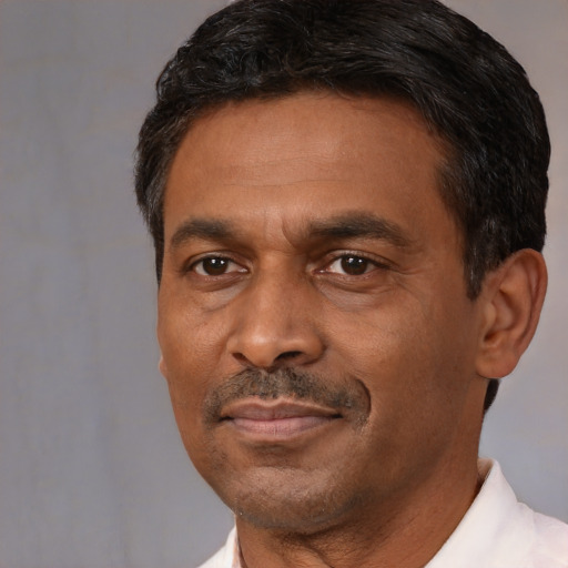 Neutral black adult male with short  black hair and brown eyes