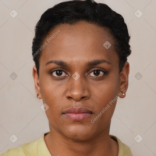 Neutral black young-adult female with short  black hair and brown eyes