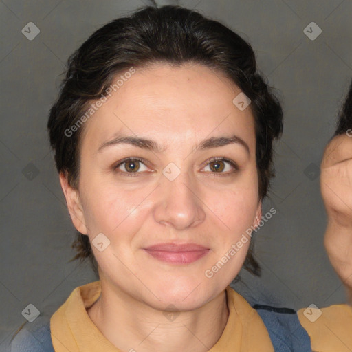 Joyful white adult female with medium  brown hair and brown eyes