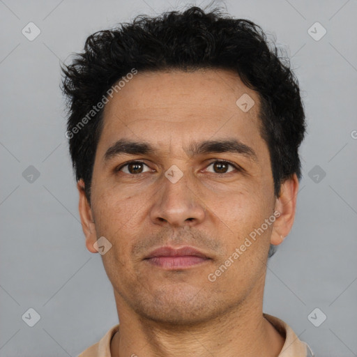 Neutral white adult male with short  black hair and brown eyes