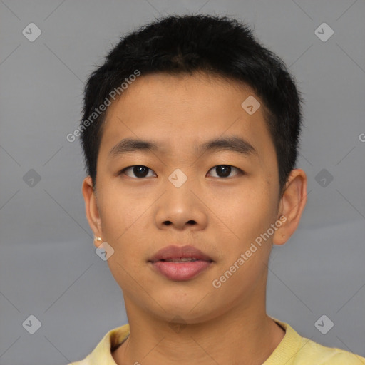Neutral asian young-adult male with short  brown hair and brown eyes