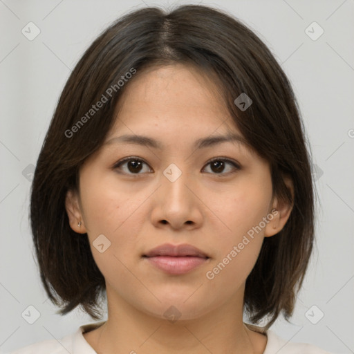 Neutral white young-adult female with medium  brown hair and brown eyes