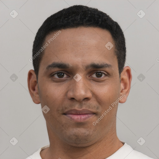 Neutral black young-adult male with short  black hair and brown eyes
