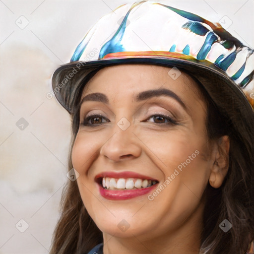 Joyful white adult female with long  brown hair and brown eyes