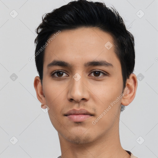 Neutral latino young-adult male with short  black hair and brown eyes