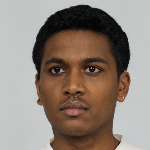 Neutral black young-adult male with short  black hair and brown eyes
