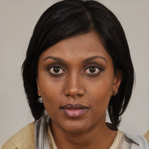 Neutral black young-adult female with medium  brown hair and brown eyes