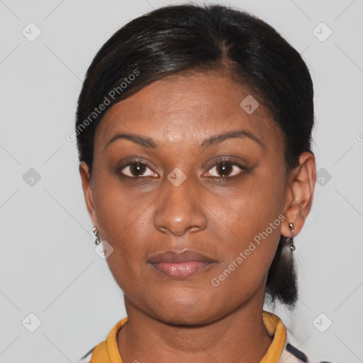 Neutral asian young-adult female with short  brown hair and brown eyes