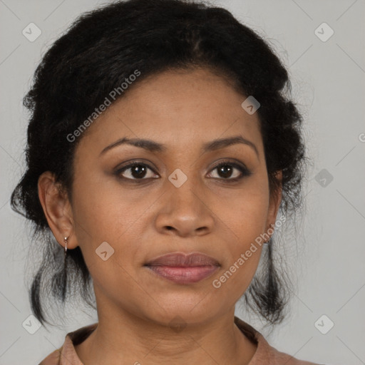 Joyful black young-adult female with medium  black hair and brown eyes