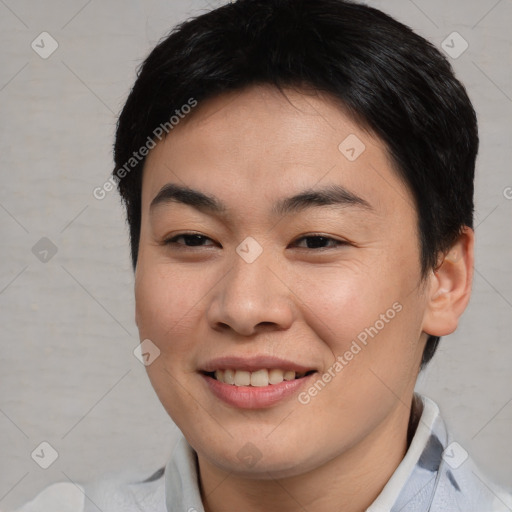 Joyful asian young-adult female with short  brown hair and brown eyes