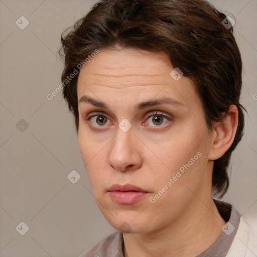 Neutral white young-adult female with medium  brown hair and brown eyes