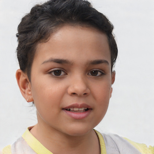 Joyful white child female with short  brown hair and brown eyes