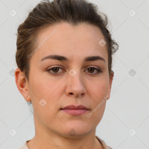 Neutral white young-adult female with short  brown hair and brown eyes