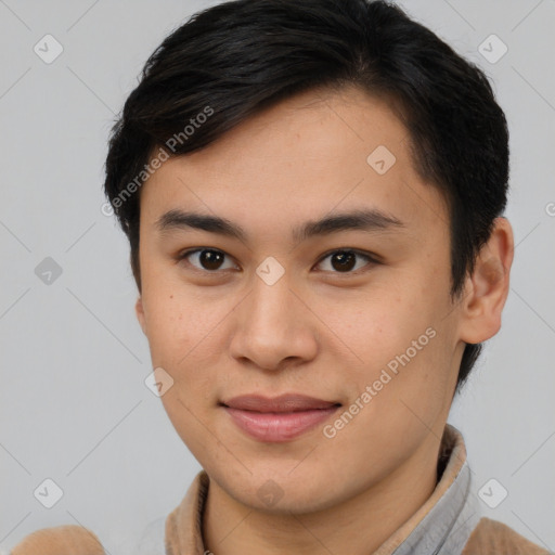 Joyful asian young-adult male with short  brown hair and brown eyes