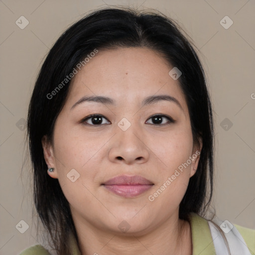 Joyful asian young-adult female with medium  black hair and brown eyes