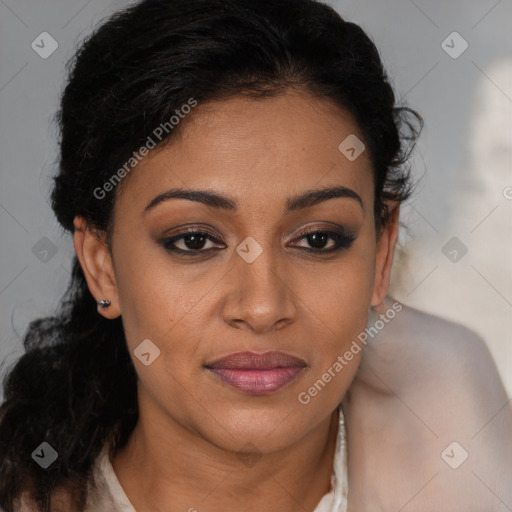 Joyful latino young-adult female with long  brown hair and brown eyes