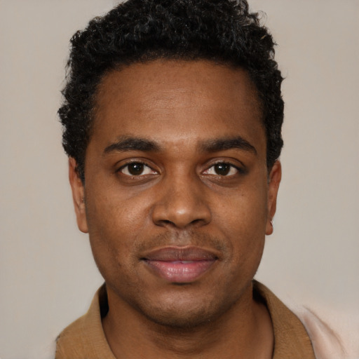 Neutral black young-adult male with short  black hair and brown eyes